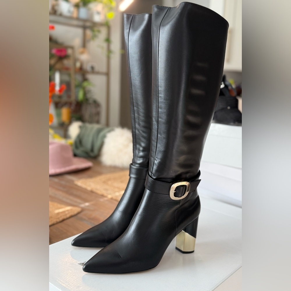 Black Knee High Leather Boots with Gold detail buckle and heel! Soft leather